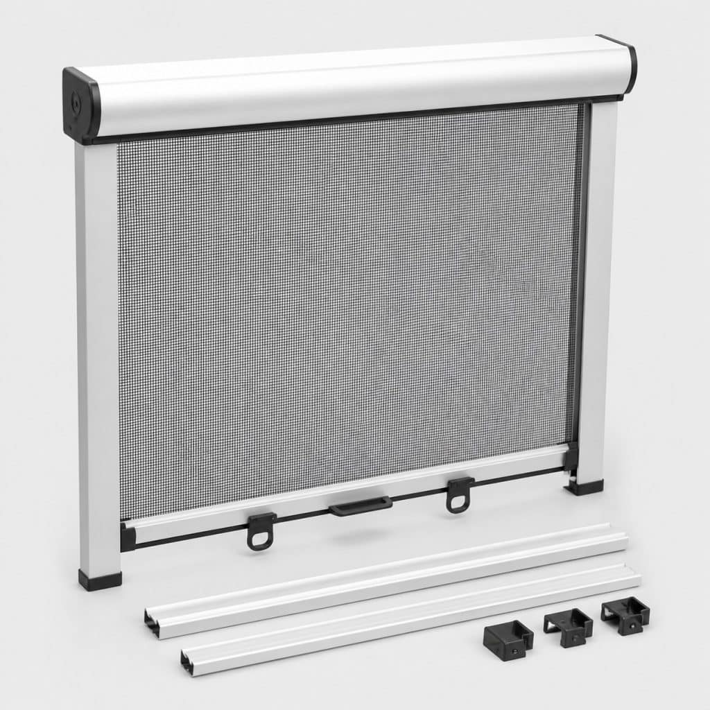 Kit de moustiquaire enroulable recoupable présenté en pièces détachées