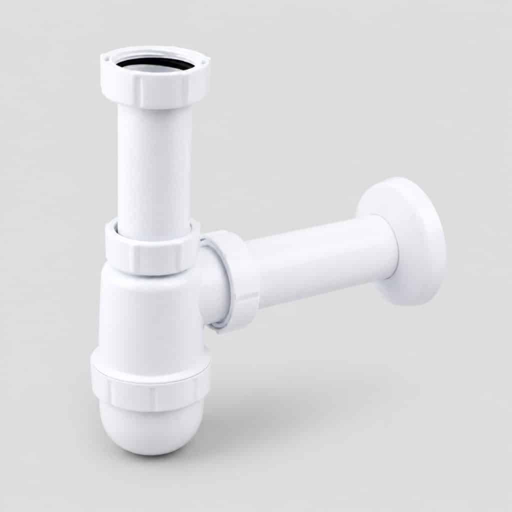 Siphon de lavabo déporté en PVC blanc sur fond clair